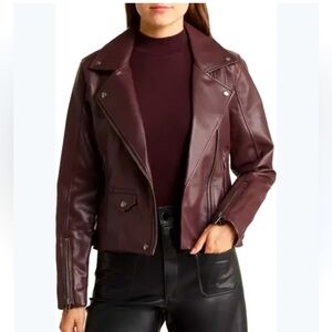 Blank NYC vegan leather Moto jacket in burgandy oxblood with gunmetal hardware